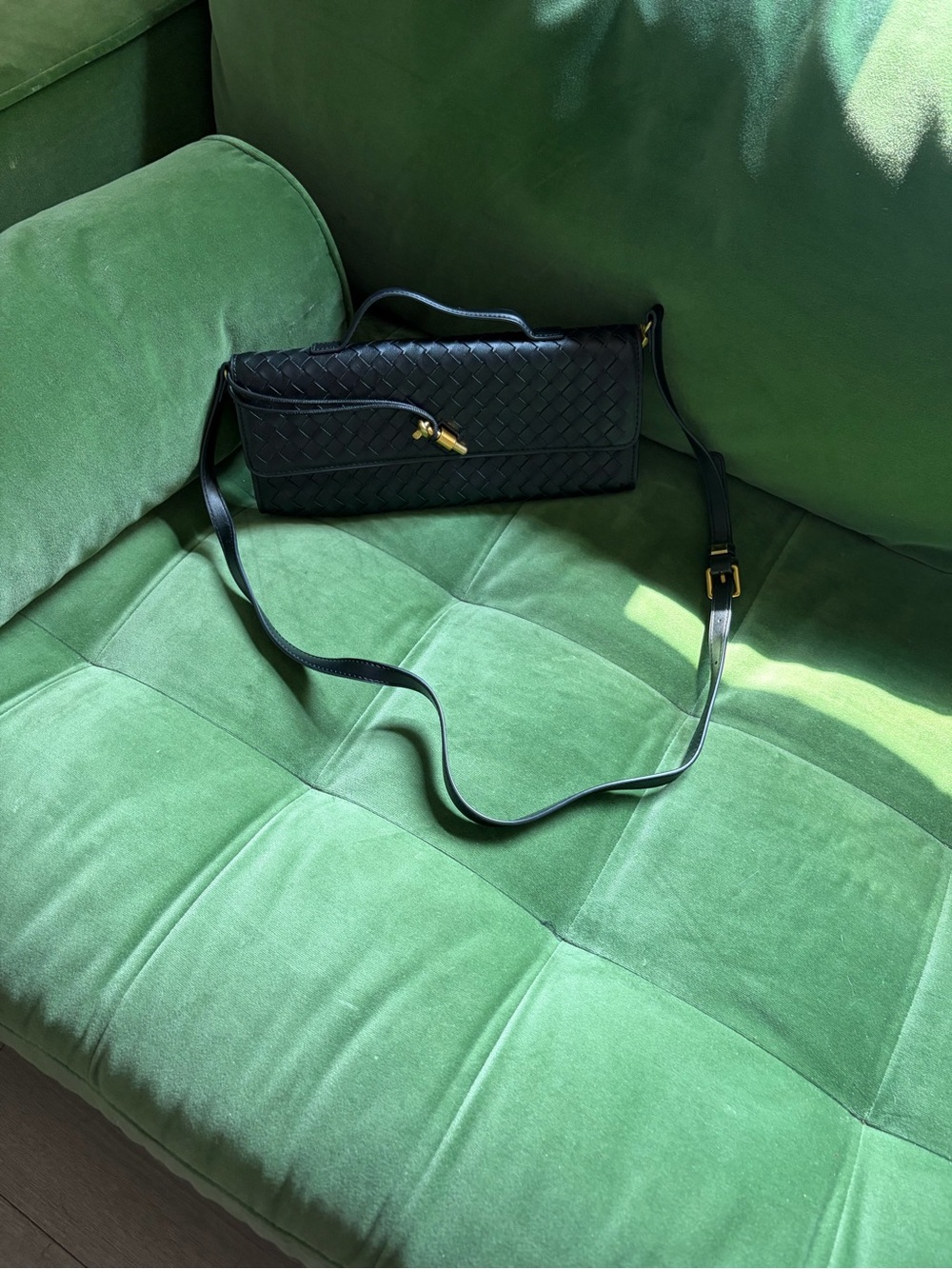 Amazon Black Woven Crossbody Bag with Gold Accent